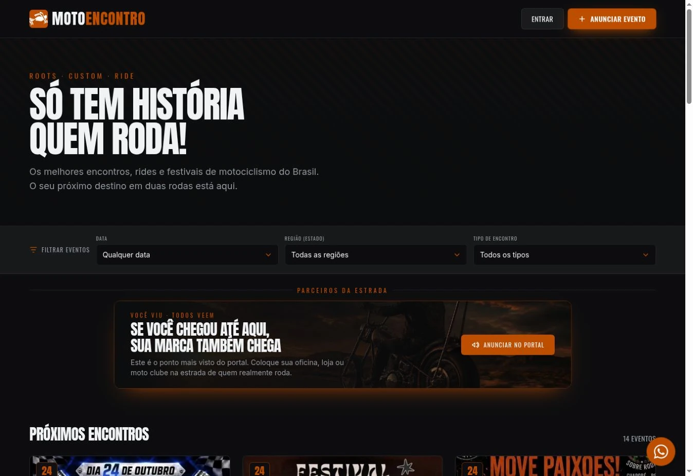 Página principal real do site Motoencontro